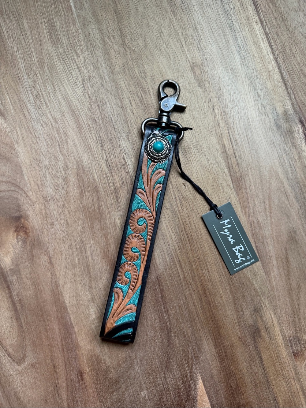 Myra Bag Turquoise & Brown Tooled Leather Keychain Wristlet